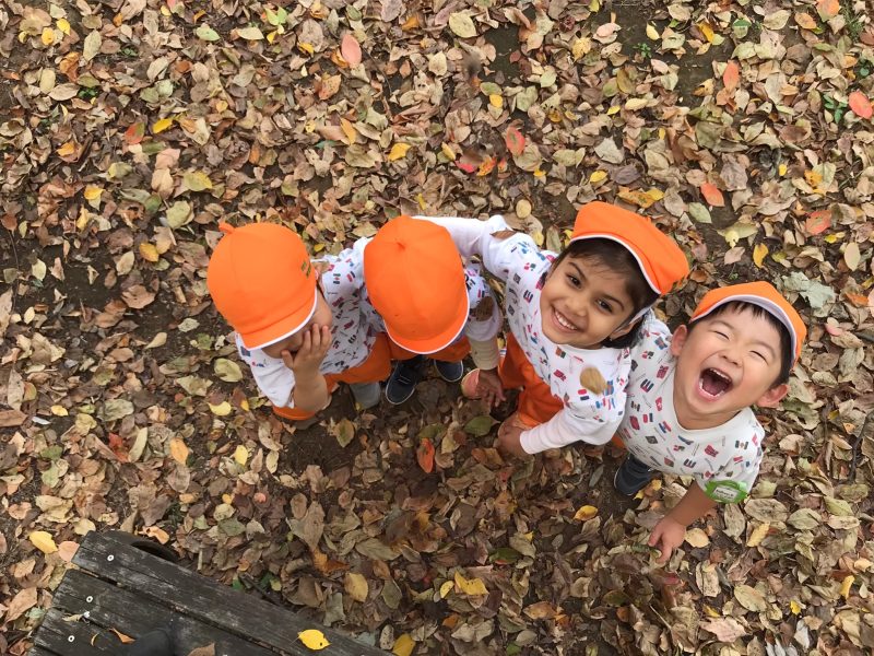 枯れ葉の上で児童たちが遊んでいる様子